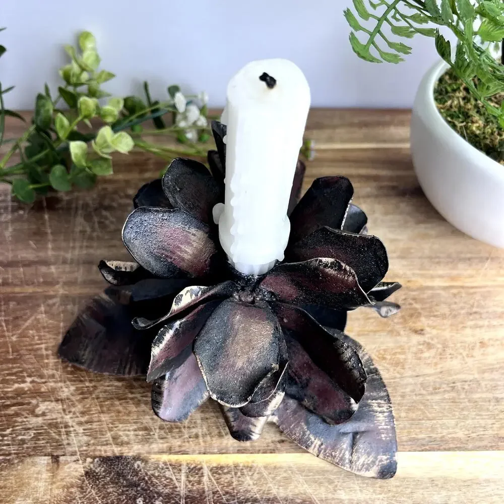 Rustic Metal Blooming Flower Pinecone Candle Holder Sculpture Handmade Weathered